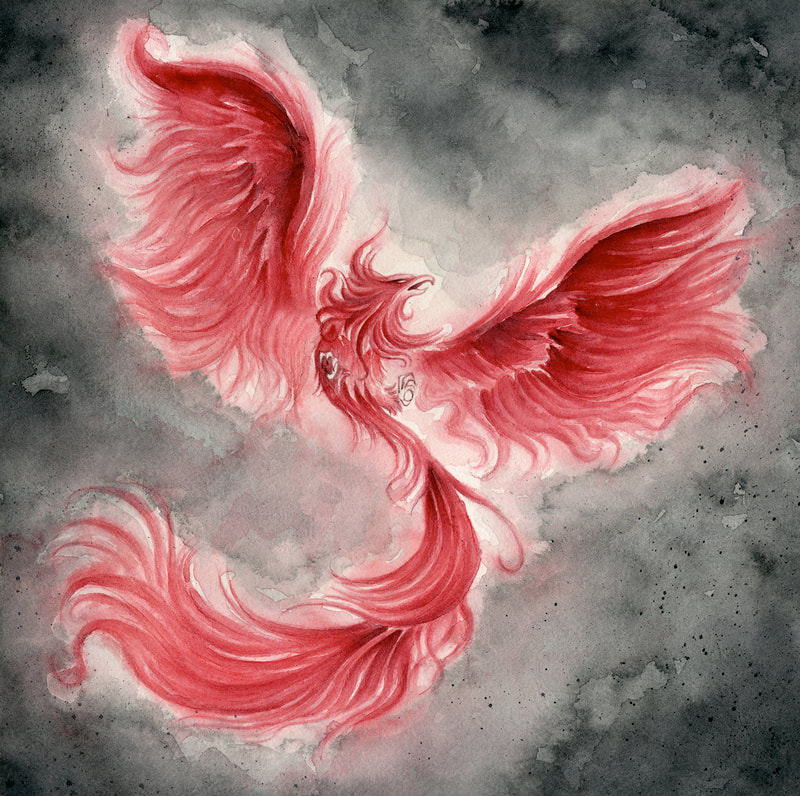 phoenix illustration, red phoenix, watercolor illustration, red and black art, mythologic creature, red bird,  born from ashes, Greek mythology