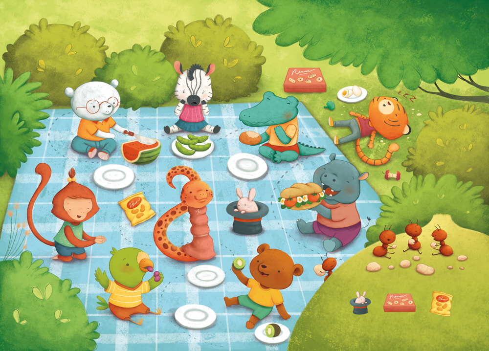 picnic illustration, animals in a picnic, cute characters scene, funny artwork, educational fun art