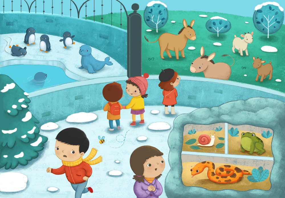 children illustration, digital art, laura gonzalez, illustrator, text book, winter, children, zoo, penguins, farm animals, exotic pets