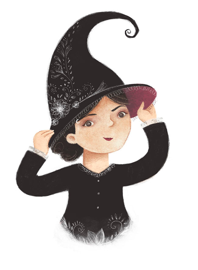bruja, cute witch illustration, dark illustration for kids, self portrait, girl in black, character design, halloween illustration, spooky artwork, laura gonzalez illustration