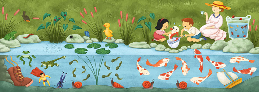 kids playing pond, kids fishing, pond wildlife, pond animals, book for children, children illustration, digital art, koi fish, pond, laura gonzalez, illustrator, picture book