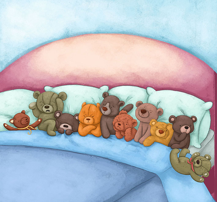 teddy bears, sleeping time, lullaby, book for children, children illustration, digital art, nightime story, laura gonzalez, illustrator, picture book