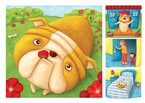 bulldog, children illustration, digital art, cute, naughty dog, pet, laura gonzalez, illustrator, picture book