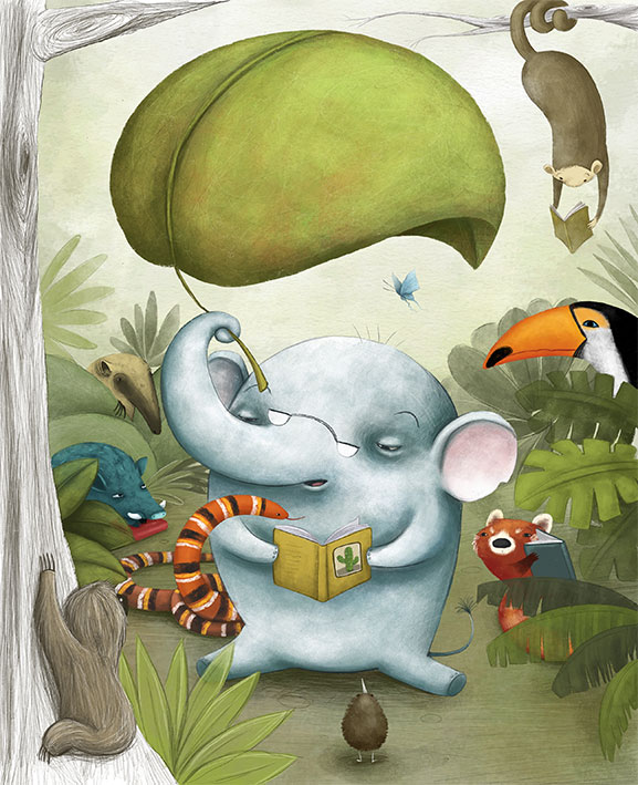 jungle animals illustration, reading, elephant reading, reading book for children, children illustration, digital art, laura gonzalez, illustrator, picture book, jungle, animals