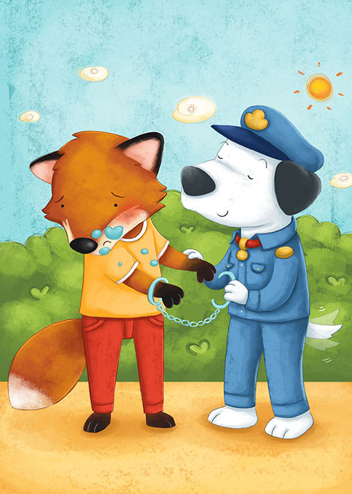 fox, dog police, children illustration, digital art, arrest, cake thief, laura gonzalez, illustrator, picture book