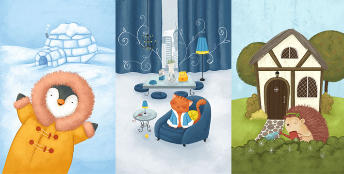 penguin igloo, kitty penthouse, hedgehog cottage, children illustration, digital art, different kinds of home, laura gonzalez, illustrator, picture book