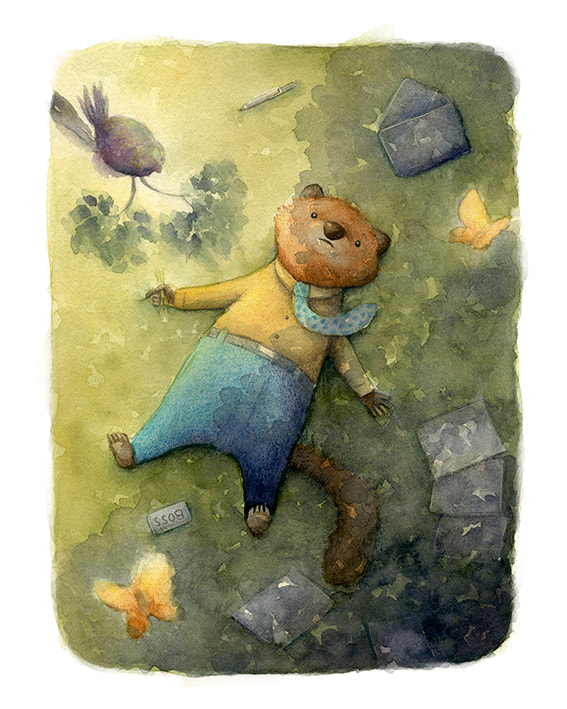 mink, animals with human clothes, anthropomorphic, children's character, picture book character, children's book scene, existentialist, watercolor art, traditional artwork