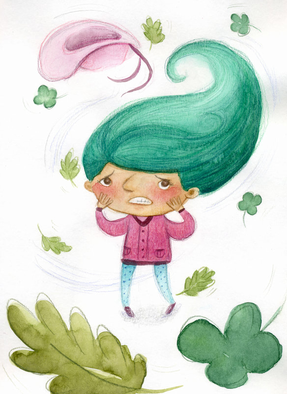 green hair, quirky girl, whimsical character, worried child, character development, embarrassed illustration, traditional picture books, children's character