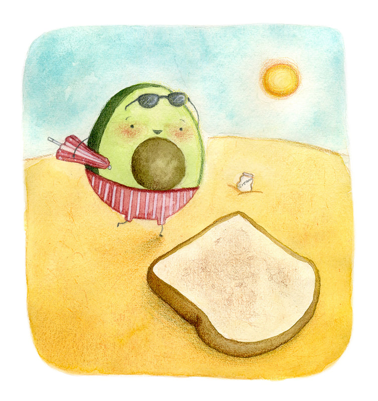 Cute character, avocado, cute avocado, kawai, beach, sun, vacation, watercolor illustration, storytime, avocado toast