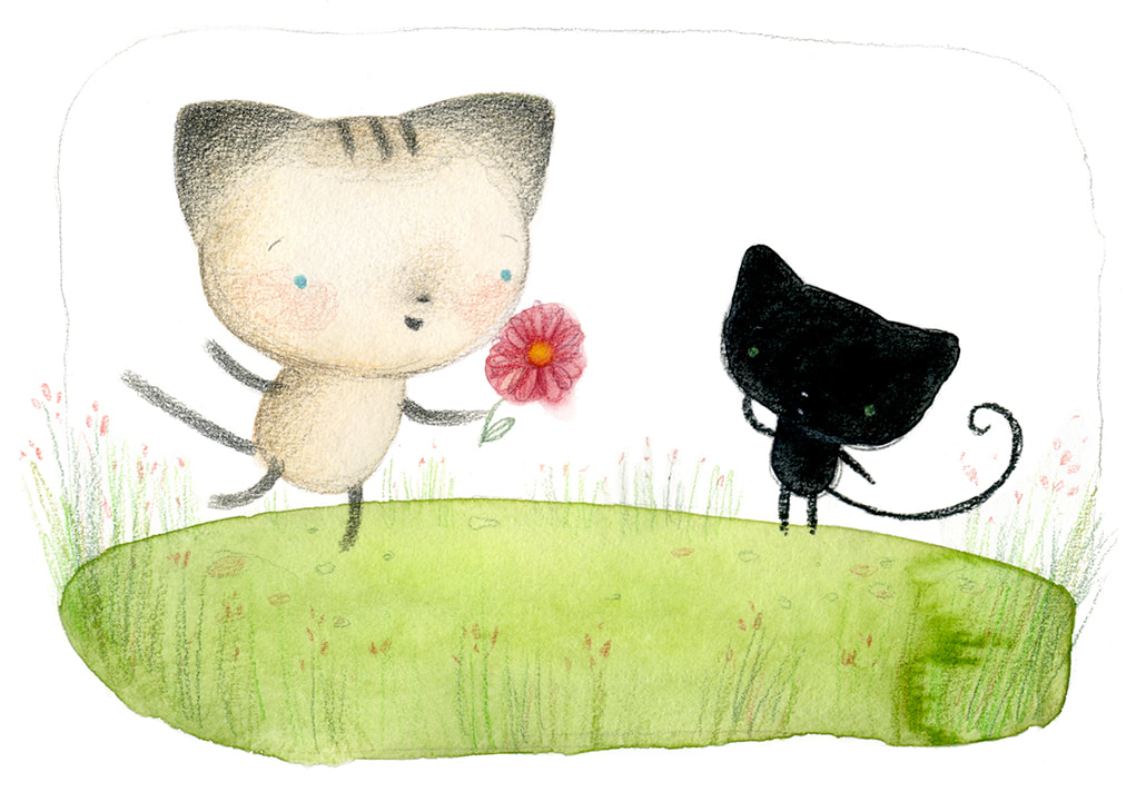 kitties, kitty, cat, flower, cute illustration, traditional art, art for kinds, picture book characters