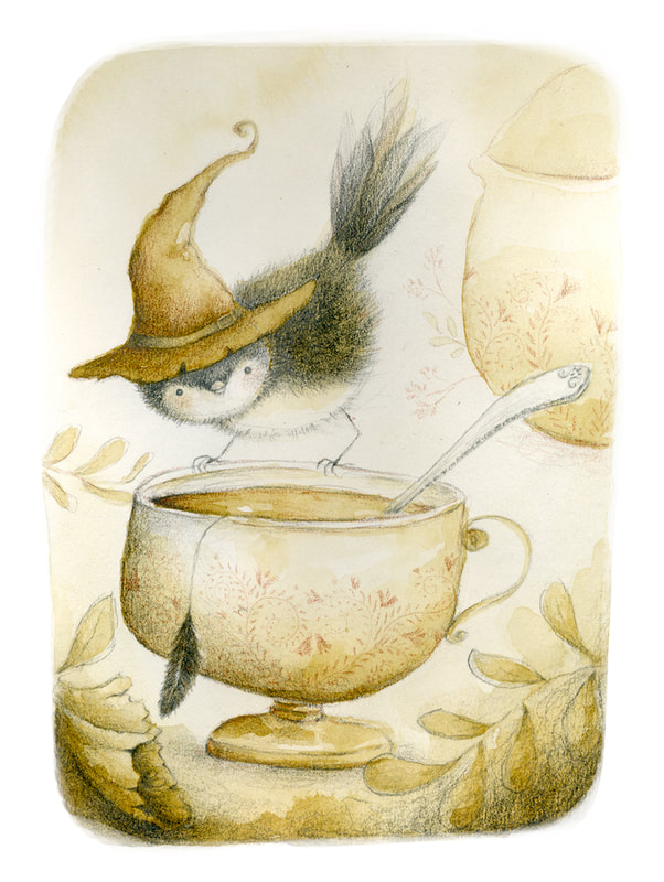 potion, cute, bird, illustration, traditional, sepia, watercolor, pencil, tea, artwork, vintage