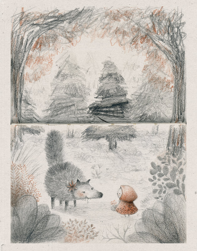 bird, birdie, little, red, riding, hood, wolf, forest, illustration, spooky, picture books, woods, pencils