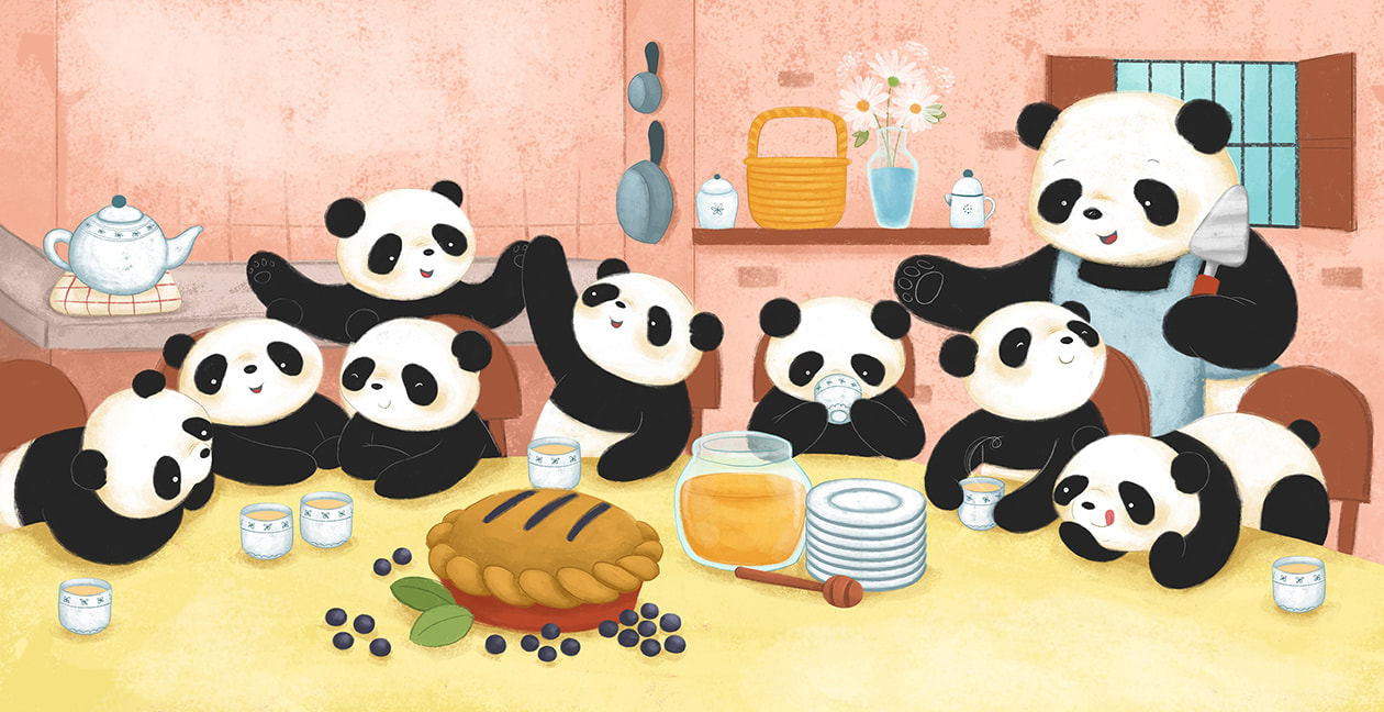 Ten Cuddly Pandas, family illustration, pie time, cute panda siblings, panda family, sweet home illustration, dinner table art for children, kidlit illustration