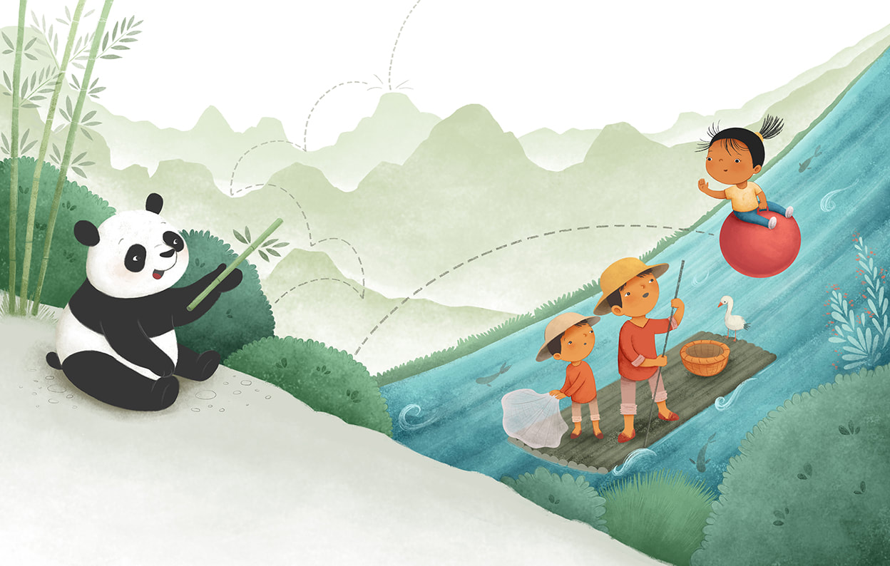 Chinese panda, bouncy ball, China landscape illustration, Chinese river, children on a raft, children's illustration Chinese scene, multicultural, panda bear with bamboo, Chinese mountains