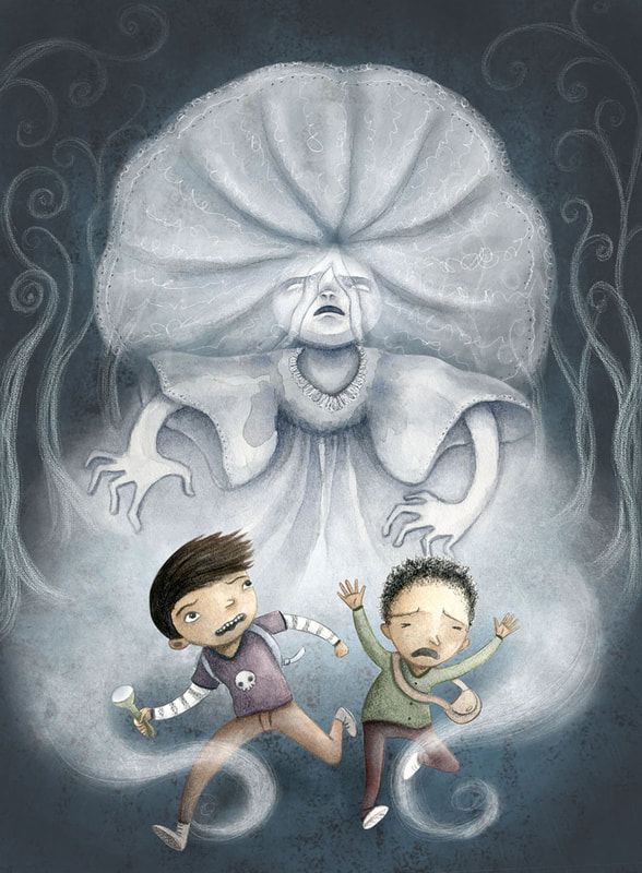 running away, Llorona, leyenda, spooky story for kids, scary, creepy legend, spooky, ghost stories for children, latin american story, mexican legend, book cover artwork, available illustrator, halloween art