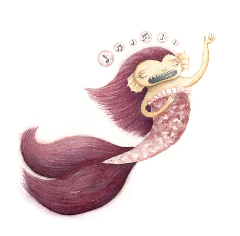 Siren, sirena, soprano illustration, weird, weirdo, singer, music, undersea, creature, mythology creature, cute creepy, purple character, singing mermaid, fish human